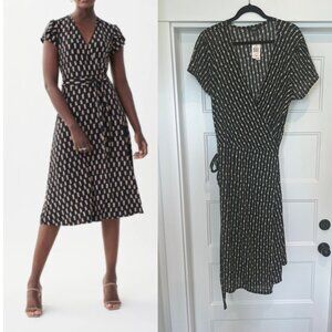 NWT Alfani Size 2X Black/Beige Geometric Print V-Neck Tie Waist Midi Wrap Dress